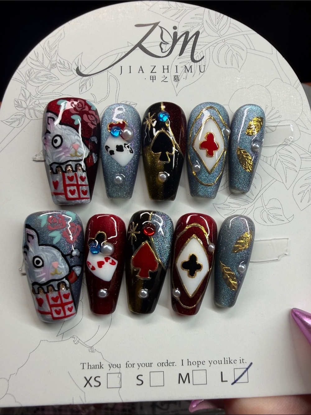 JIAZHIMU Card Suit Press-On Nails - Red, Black & Silver Accents